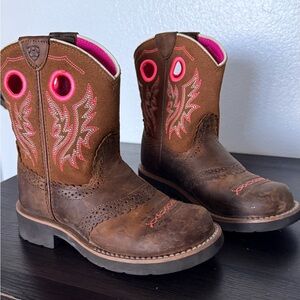 Girls Ariat Brown and Pink Embroidered Cowgirl Boots